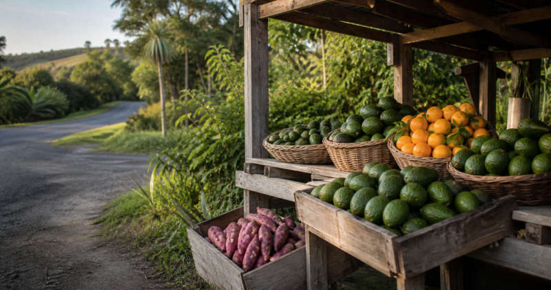 Northland roadside stall with avocados, citrus and kūmara