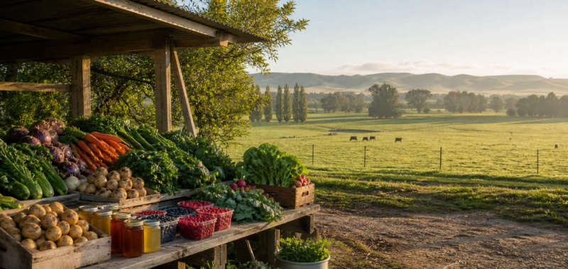 Waikato country stall with vegetables, berries and honey