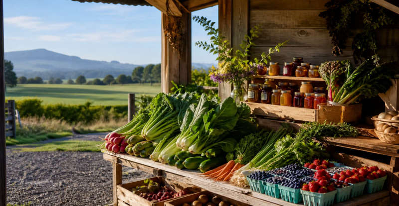 Manawatū-Whanganui farm-gate stall with vegetables and preserves
