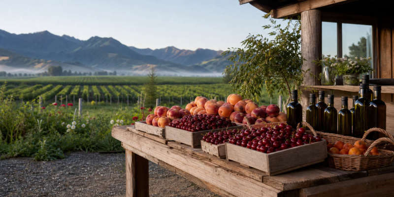 Marlborough country stall with stone fruit and olive oil