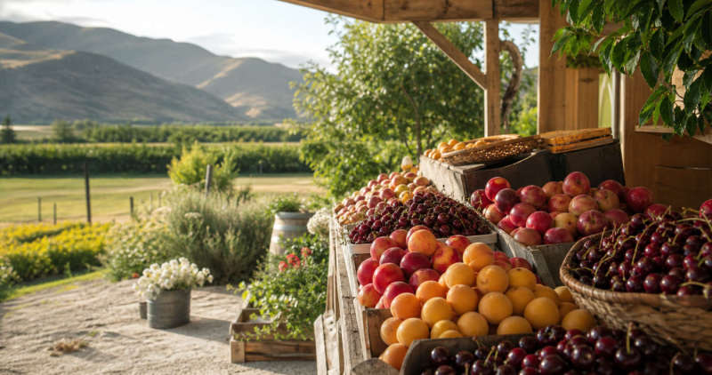 Otago orchard stall with cherries, apricots and apples